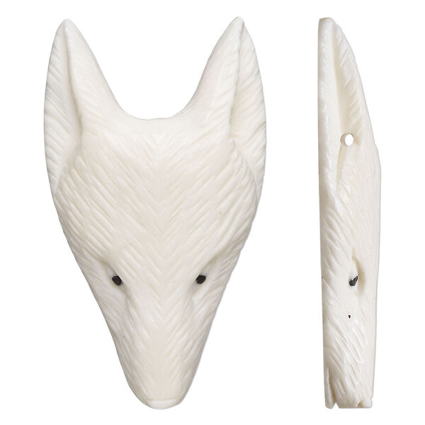 Focal, bone (bleached), 45 x 26mm hand-carved side-drilled single-sided wolf, Mohs hardness 2-1/2. Sold individually. image number 0
