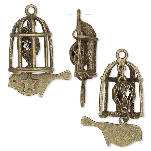 Focal, antique brass-plated "pewter" (zinc-based alloy), 41x28mm single-sided birdcage with cutout round and bird with star. Sold individually. image number 0