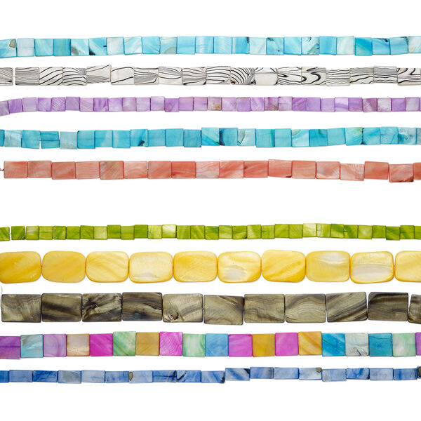 Bead mix, mother-of-pearl shell (dyed / coated), mixed colors, 7x6mm-38x27mm flat square and flat rectangle, Mohs hardness 3-1/2. Sold per pkg of (5) 14- to 15" to 16" strands. image number 0