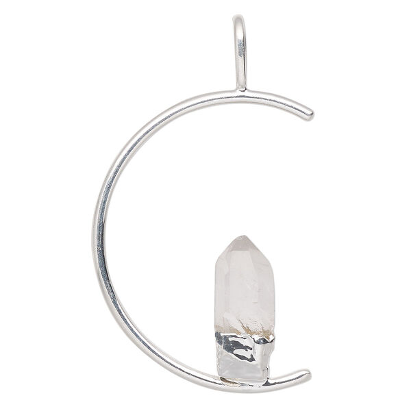 Pendant, Everyday Jewelry, silver-plated brass and quartz crystal (natural), 45x23mm-47x25mm open half round. Sold individually. image number 0