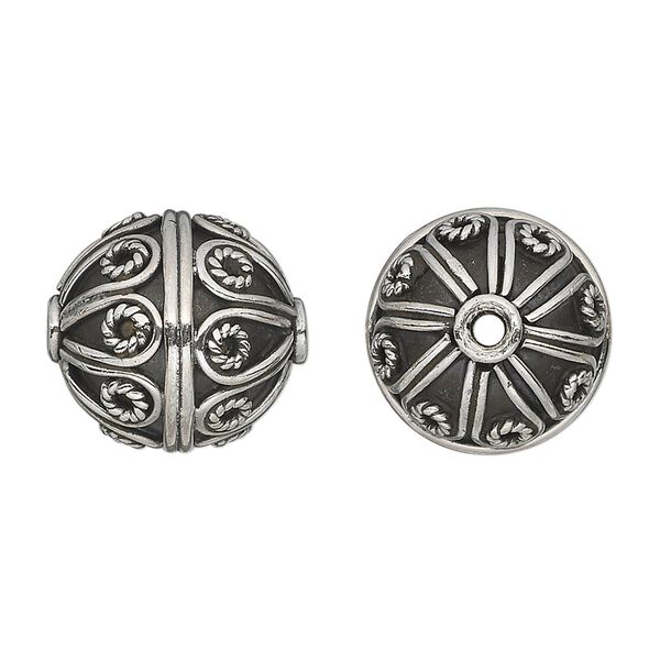 Bead, antiqued sterling silver, 17x16mm round with circles. Sold individually. image number 0
