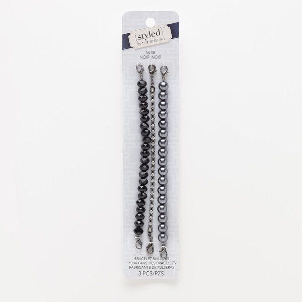 Bracelet component, glass rhinestone / glass pearl / gunmetal-finished "pewter" (zinc-based alloy), dark grey / black / clear, 3mm cupchain / 8mm round / 8x6mm faceted rondelle, 6 inches with lobster claw clasp. Sold per pkg 3. image number 0