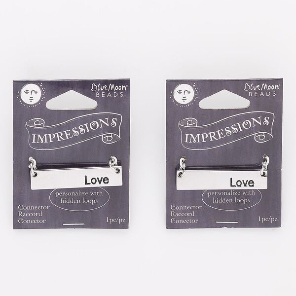 Focal, enamel / steel / silver-finished "pewter" (zinc-based alloy), black, 37x8mm rectangle with "Love" (3) hidden loops. Sold per pkg of 2. image number 0