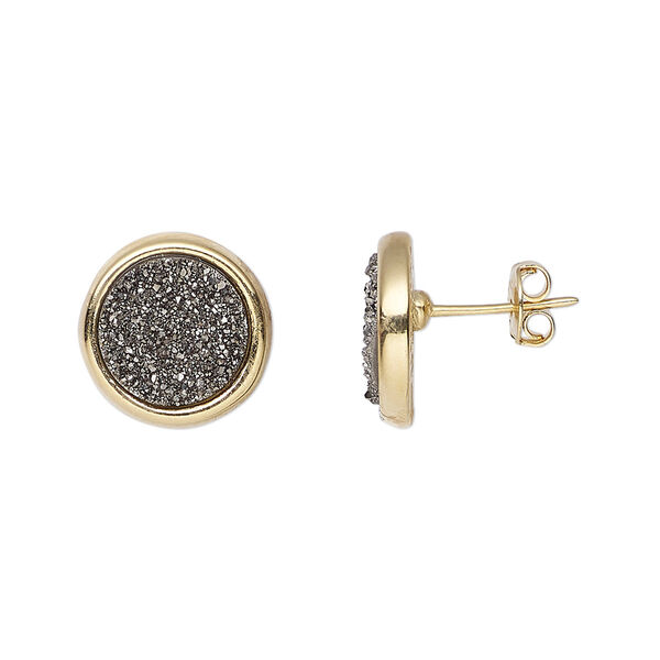 Druzy agate / brass 1pkg2, electroplated gold / 24Kt gold-plated round earstud 13mm image number 0