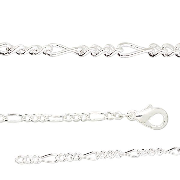 Chain, silver-plated brass, 2.7mm Figaro, 18 inches with 1-inch extender chain and lobster claw clasp. Sold per pkg of 2. image number 0
