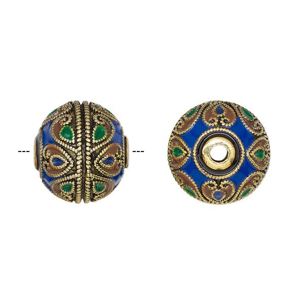 Bead, gold-finished brass and enamel, multicolored, 18.5x17mm rondelle with heart design. Sold individually. image number 0