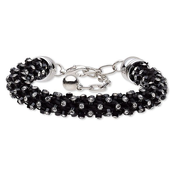 Bracelet, glass rhinestone / acrylic / nylon / silver-coated plastic / silver-finished steel, black and clear, 12mm wide, 7 inches with 2-1/2 inch extender chain and lobster claw clasp. Sold individually. image number 0