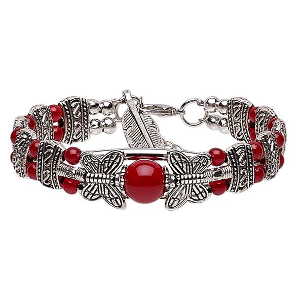 Bracelet, 2-strand, glass / silver- / antique silver-plated steel / "pewter" (zinc-based alloy), red, 14mm wide with butterfly and 24x8mm feather dangle, 6-1/2 inches with 1-inch extender chain and lobster claw clasp. Sold individually. image number 0