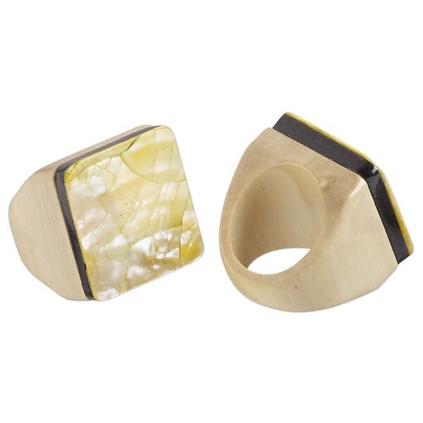 Ring, Everyday Jewelry, Taiwanese cheesewood, yellow and black, 17mm square, size 7. Sold individually. image number 0