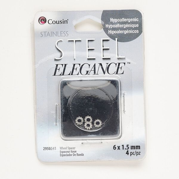 Bead, silver-finished stainless steel, 6x1.5mm beaded rondelle with 3mm hole. Sold per pkg of 4. image number 0