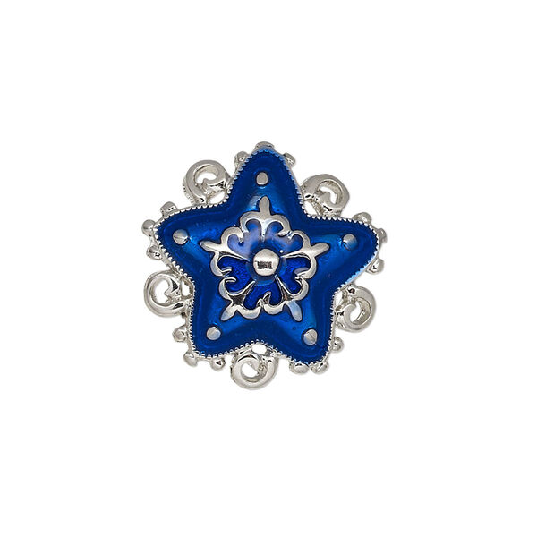 Charm, enamel and silver-plated "pewter" (zinc-based alloy), blue, 20x20mm single-sided star, 5 loops. Sold individually. image number 0