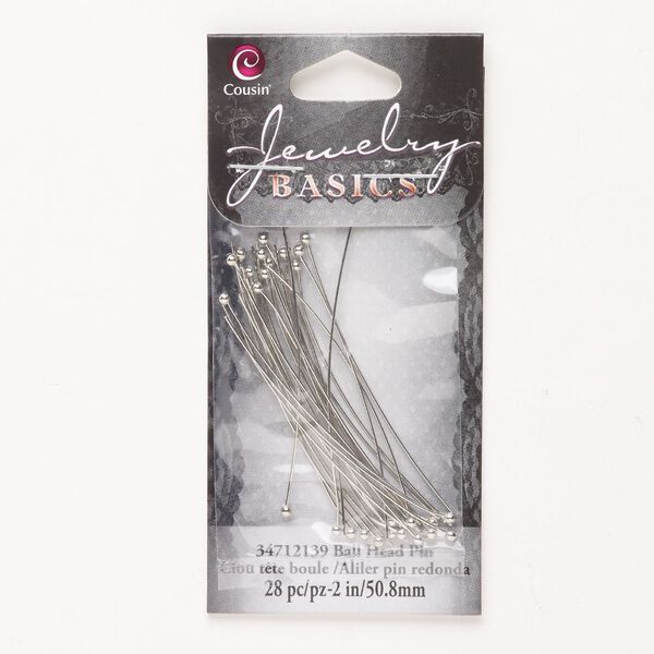 Head pin, brass, pkg/28, silver finish, 2 inches with 2.5mm ball, 22 gauge. image number 0