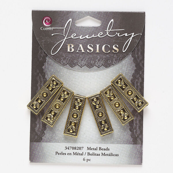 Spacer, gold-finished brass, 26x9mm 3-strand single-sided fancy rectangle. Sold per pkg of 6. image number 0