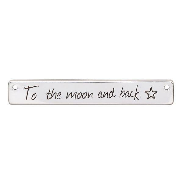 Focal, sterling silver and enamel, black 40x6mm single-sided flat rectangle with "To the moon and back" with star and 2 holes. Sold individually. image number 0