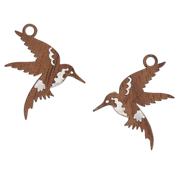 Drop, black walnut (natural) and aluminum foil, 22x20mm single-sided laser-cut left- and right-facing hummingbird. Sold per pkg of 2. image number 0