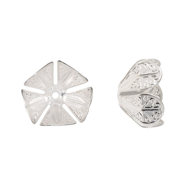 Bead cap, silver-finished copper, 16x10.5mm leaves, fits 12-16mm round bead. Sold per pkg of 10. image number 0