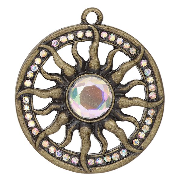 Focal, antique brass-finished "pewter" (zinc-based alloy) and glass, clear, 35mm round single-sided round with inner sun design. Sold individually. image number 0