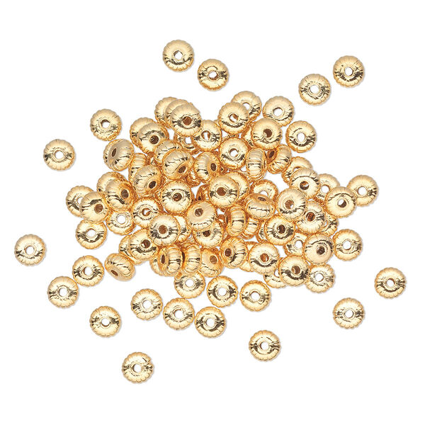 Bead, gold-plated brass, 4.5x2.5mm corrugated rondelle. Sold per pkg of 100. image number 0