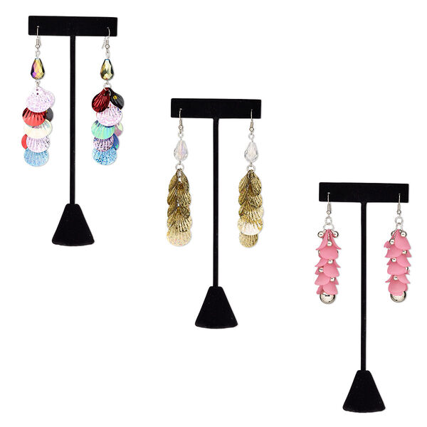 Earring, acrylic / glass / PVC plastic / imitation rhodium-coated plastic / imitation rhodium-plated steel, assorted colors, 3-4 inches with fishhook ear wire. Sold per pkg of 3 pairs. image number 0