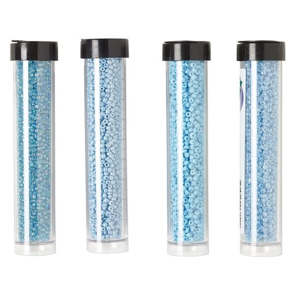 Seed bead assortment, Ming Tree™, glass, pkg/(4) 4 x 3/4 inch vials, #11 round, opaque and translucent rainbow ceylon turquoise blue. image number 0