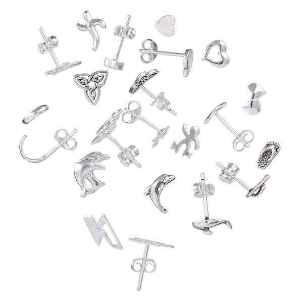Earstud mix, sterling silver, assorted designs, earnuts included. Sold per pkg of 10 pairs. image number 0