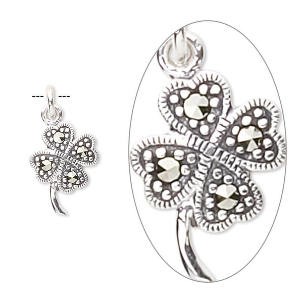 Marcasite / sterling silver 1pkg1, 4-leaf clover charm natural 14x10mm image number 0