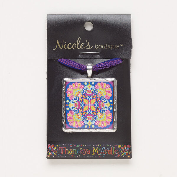 Necklace, ribbon / resin / antique silver-finished "pewter" (zinc-based alloy), multicolored, 35mm square with flower design and glitter, adjustable from 14 to 26 inches with slide knot closure. Sold individually. image number 0