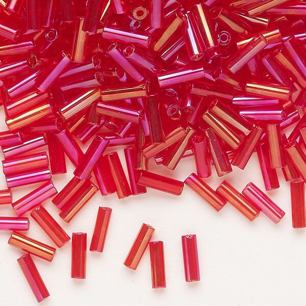 Bead, Preciosa Ornela Czech glass, bugle bead, pkg/50g, 1/4 inch, rainbow translucent red, (91070). image number 0