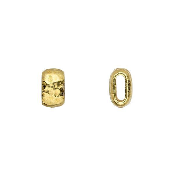Bead, TierraCast®, gold-plated pewter (tin-based alloy), 10x5.5mm flattened hammered barrel. Sold per pkg of 4. image number 0