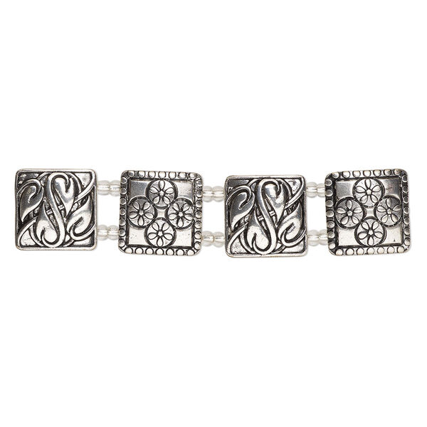 Spacer assortment, antique silver finish "pewter" (zinc-based alloy), 21mm square, fits up to 12.5mm beads. Sold per pkg of 4. image number 0