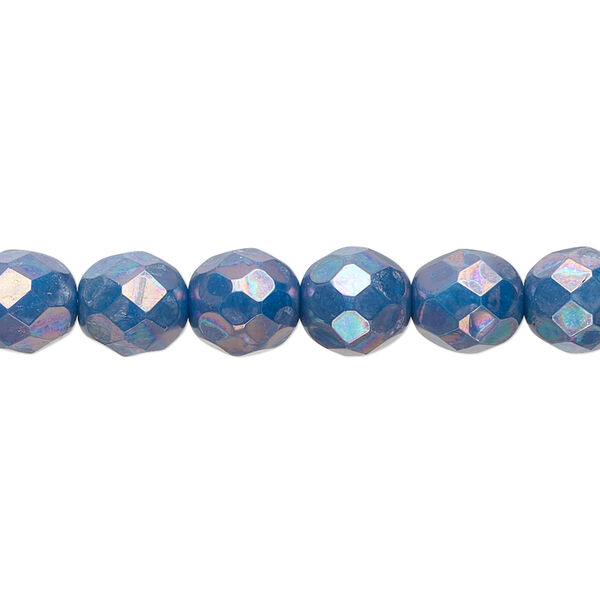 Bead, Czech fire-polished glass, opaque turquoise blue nebula, 8mm faceted round. Sold per 15-1/2" to 16" strand. image number 0