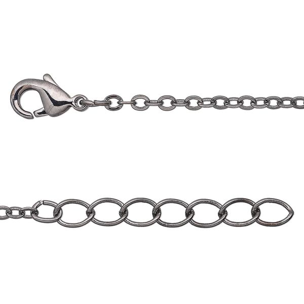 Chain, gunmetal-plated brass, 2mm flat cable, 18 inches with  1-1/4 inch extender chain and lobster claw clasp. Sold per pkg of 4. image number 0