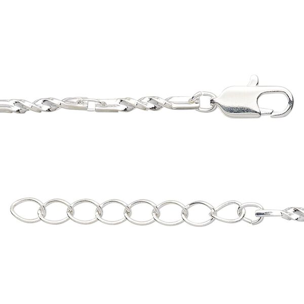 Chain, silver-plated brass, 2mm twisted bar and link, 7 inches with 1-1/4 inch extender chain and lobster claw clasp. Sold individually. image number 0