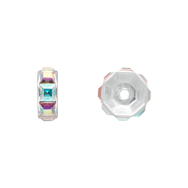 Bead 4pk crystal AB silver plate, Crystal Passions® 12x5mm rondelle 77812 image number 0