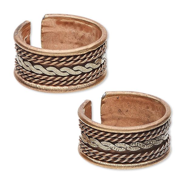 Ring, brass and copper, 10mm wide with twisted and flat twisted design, adjustable. Sold per pkg of 2. image number 0