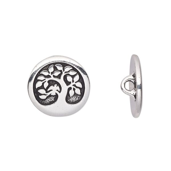 Button, TierraCast®, antique silver-plated pewter (tin-based alloy), 16mm flat round with bird in a tree and closed loop. Sold per pkg of 2. image number 0