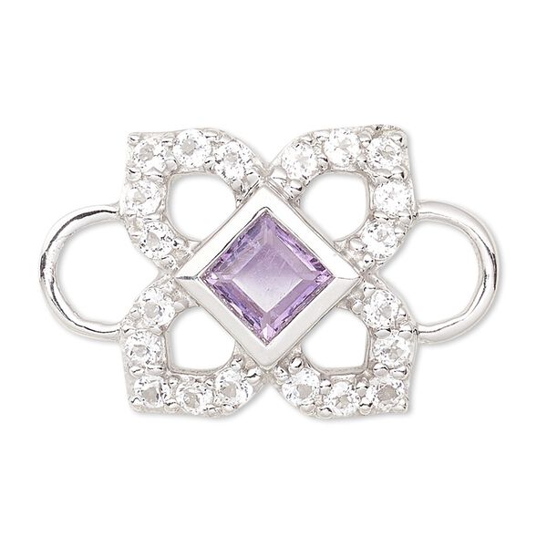 Link, white topaz / amethyst (natural) / sterling silver, 12x12mm single-sided open flower. Sold individually. image number 0