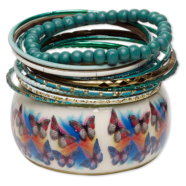 Bracelet, bangle and stretch, resin / enamel / painted wood / gold-finished steel / aluminum / brass, assorted colors with glitter, 2.5-37mm wide, 7-8 inches. Sold per 12-piece set. image number 0