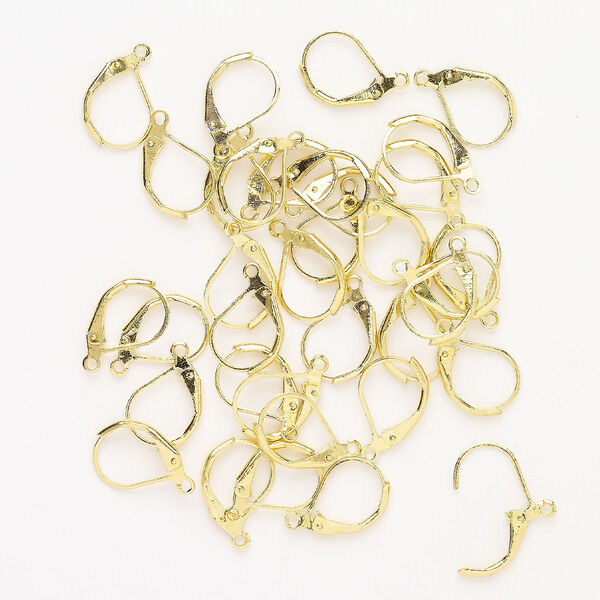 Ear wire, brass, pkg/17 pairs, 13mm leverback with open loop, gold finish. image number 0