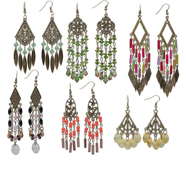 Earring mix, antique brass-plated steel and acrylic, mixed colors, mixed size chandelier styles. Sold per pkg of 6 pairs. image number 0