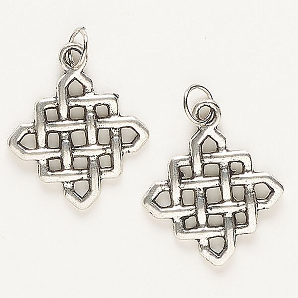 Charm, antique silver-finished "pewter" (zinc-based alloy) and steel, 21mm square Celtic knot. Sold per pkg of 2. image number 0