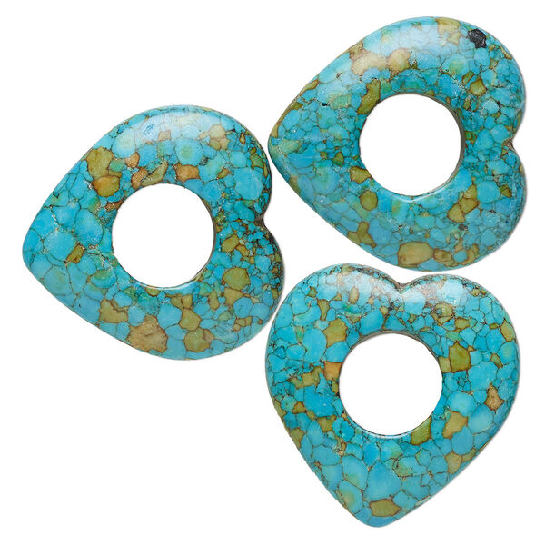 Component, mosaic "turquoise" (magnesite) (dyed / assembled), blue / green / brown, 41x40mm heart donut, C- grade, Mohs hardness 3-1/2 to 4. Sold per pkg of 3. image number 0