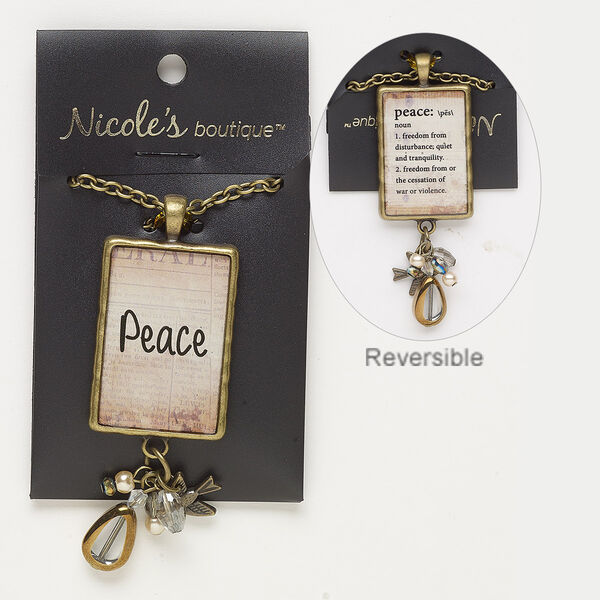 Necklace, glass / acrylic / antique brass-finished "pewter" (zinc-based alloy) / steel, multicolored, 70x27mm two-sided rectangle with "Peace" and definition of peace, 24 inches with lobster claw clasp. Sold individually. image number 0