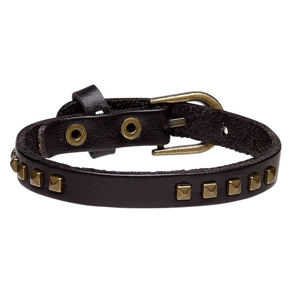 Bracelet, leather (dyed) and antique brass-plated steel, black, 10mm wide with square studs, adjustable from 6-1/2 to 7-1/2 inches with buckle-style closure. Sold individually. image number 0