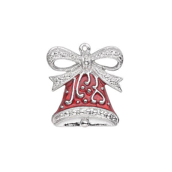 Charm, enamel and silver-plated "pewter" (zinc-based alloy), red, 20.5x19.5mm single-sided bell with fancy bow. Sold individually. image number 0