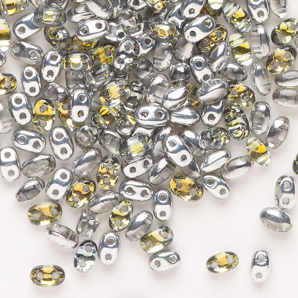 Seed bead, Preciosa Twin™ Pressed Twin Czech glass, pkg/200, 5x2.5mm oval, opaque iris silver and topaz, (15318). image number 0