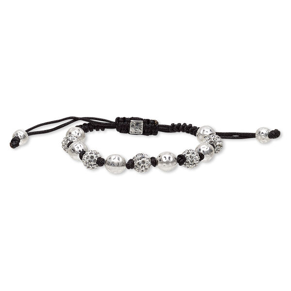 Bracelet, glass rhinestone / nylon / polymer clay / silver-plated "pewter" (zinc-based alloy), black / white / clear, 10mm round and 10mm matte hammered round, adjustable from 7 to 9-1/2 inches with macramé knot closure. Sold individually. image number 0