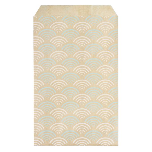 Bag, paper, brown, white and blue, 6x4 inch rectangle with fan-print and scalloped top edge. Sold per pkg of 100. image number 0