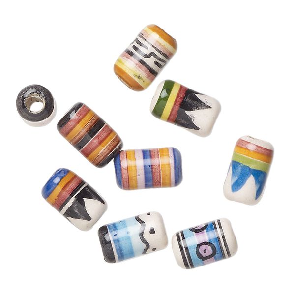 Bead mix, glazed ceramic, mixed colors, 9x5mm-11x6mm tube with painted geometric design. Sold per pkg of 10. image number 0