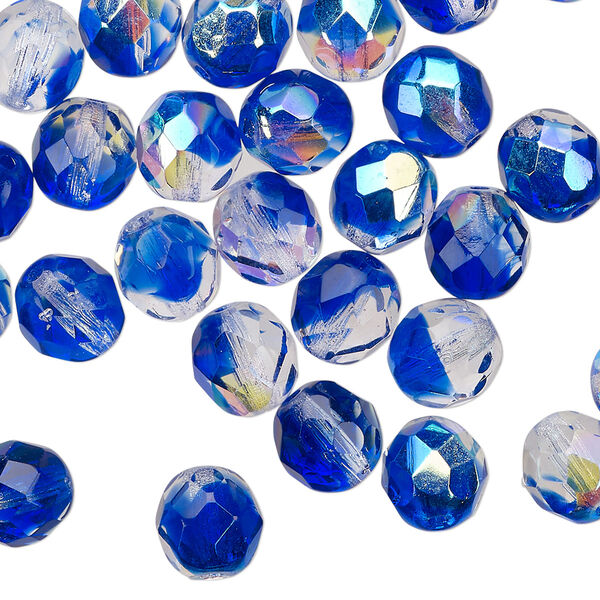 Bead 1pkg1 Czech fire-polished glass, 8mm faceted round, half-mass translucent half-coated clear / dark blue AB image number 0